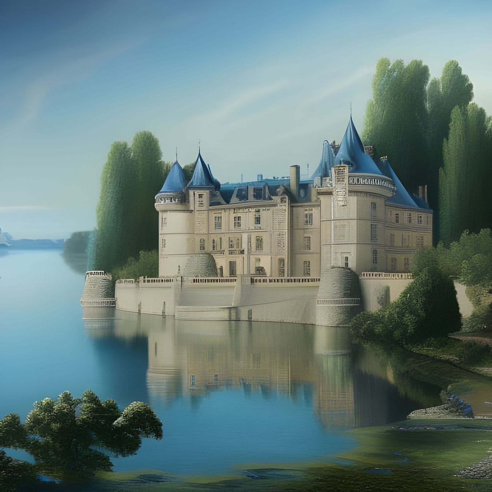 Medieval Castle Shines on serene Lacustrine Waters in a Drea...