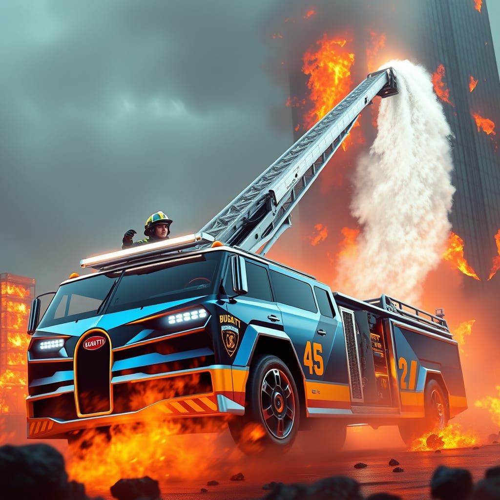 Hyper-Realistic Bugatti Fire Truck in Action