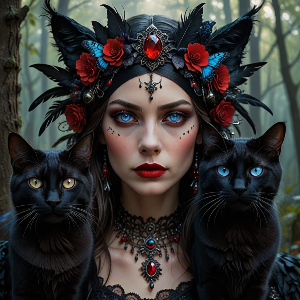 Mysterious Woman in Gothic Headdress: Hyper-Realistic Digita...