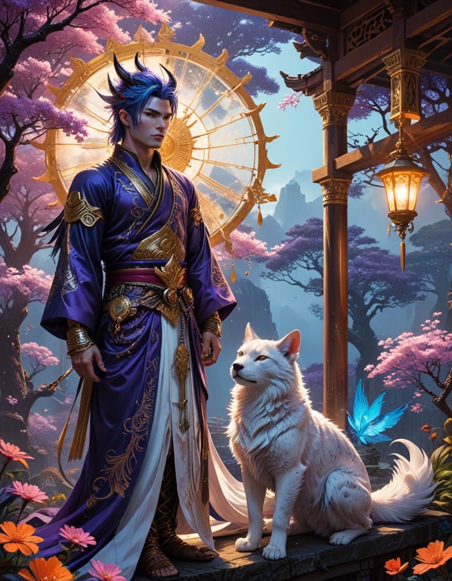 Ethereal Fantasy Male Hybrid in Golden Pointillism Style