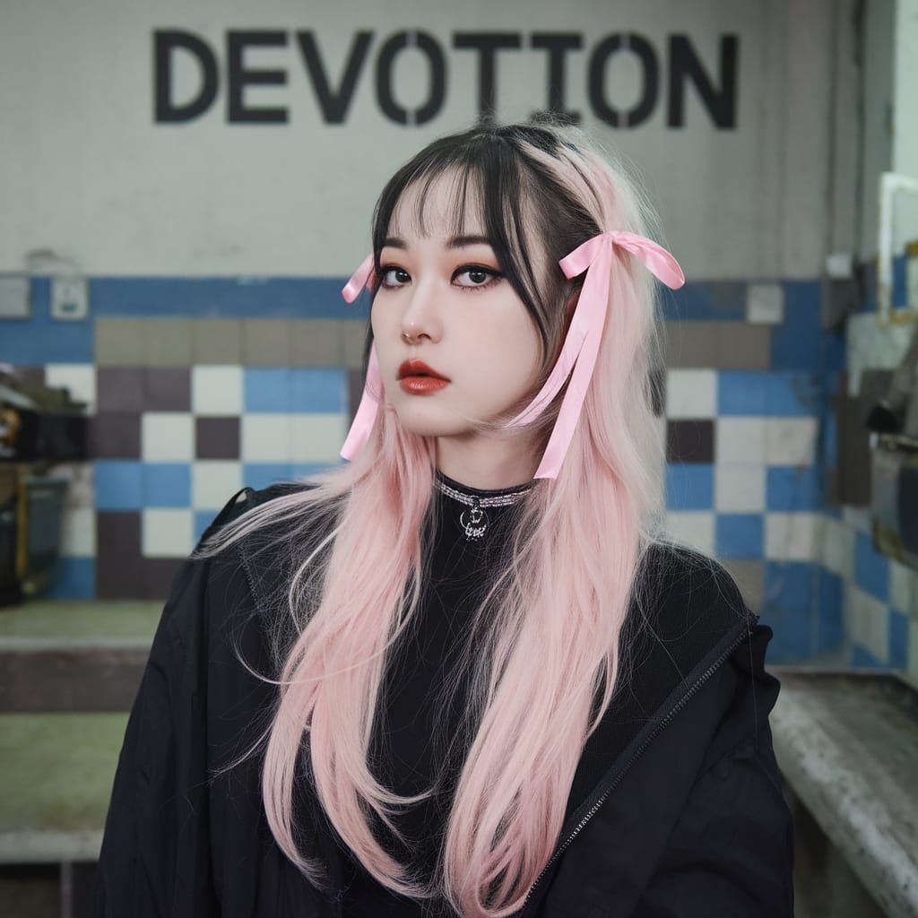 Beautiful pastel goth 
Long black hair pink ribbons 
Black c...