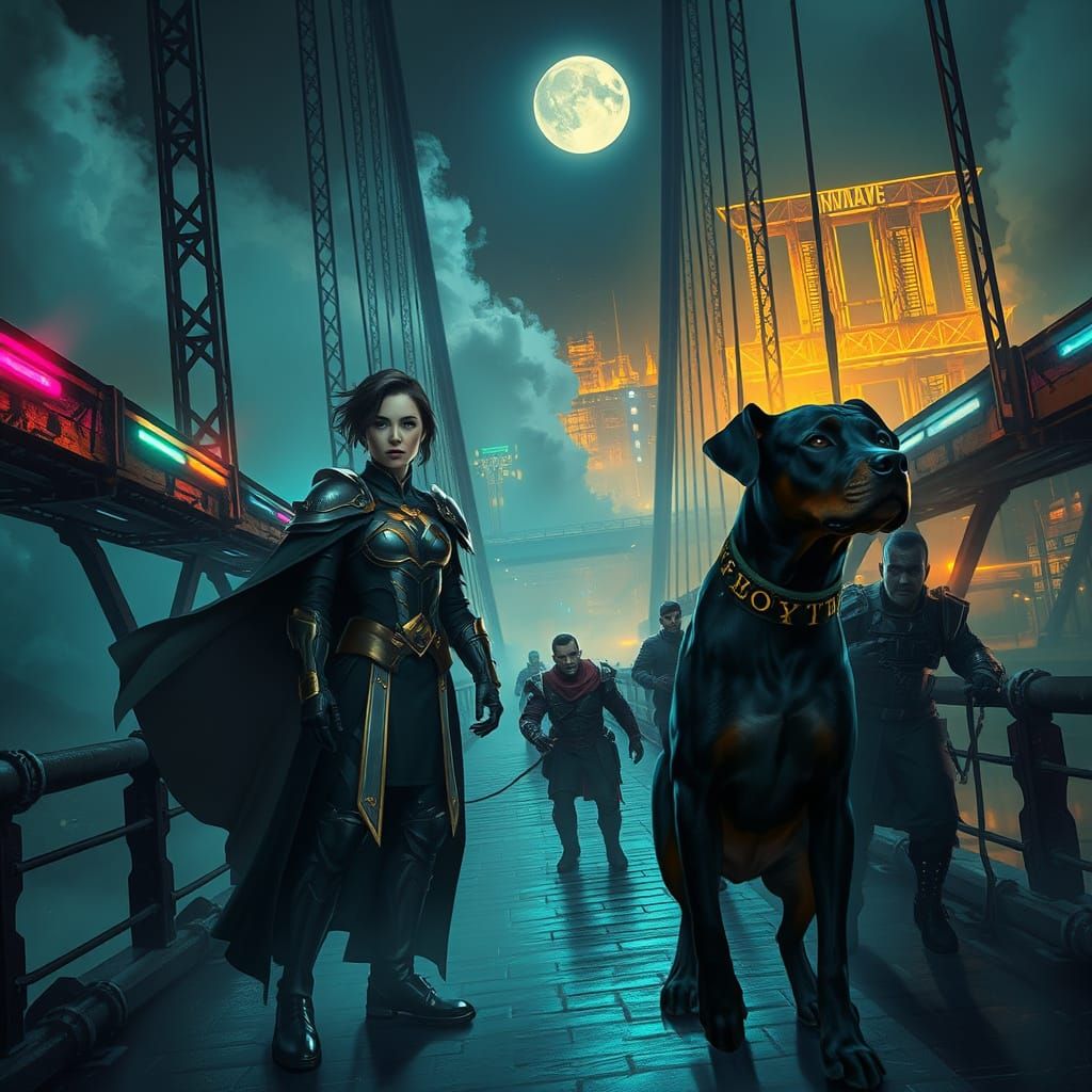 Cinematic Night Bridge Scene in Arcane Art Style
