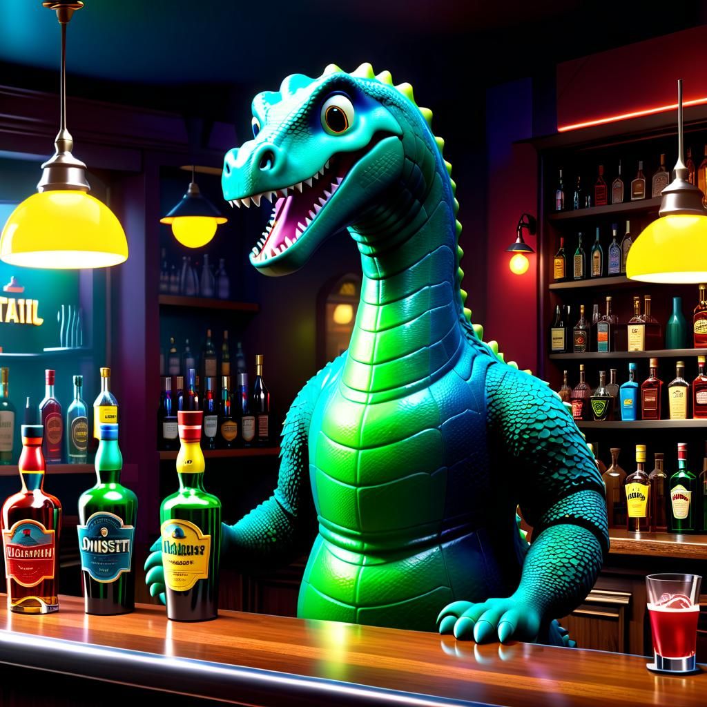 Cute Loch Ness Monster Bartender in a Bright Scottish Bar