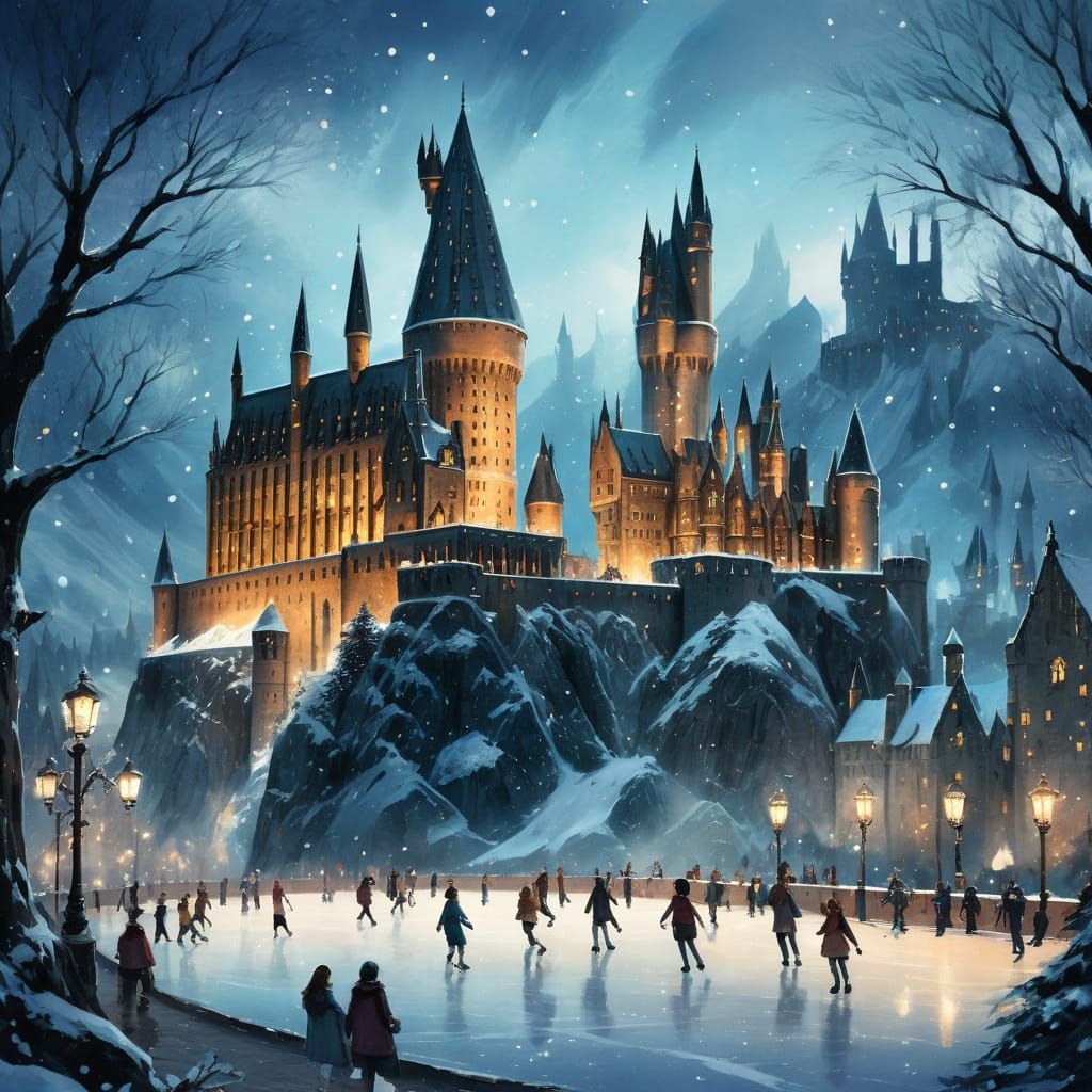 Hogwarts Castle Winter Wonderland in Watercolor Style