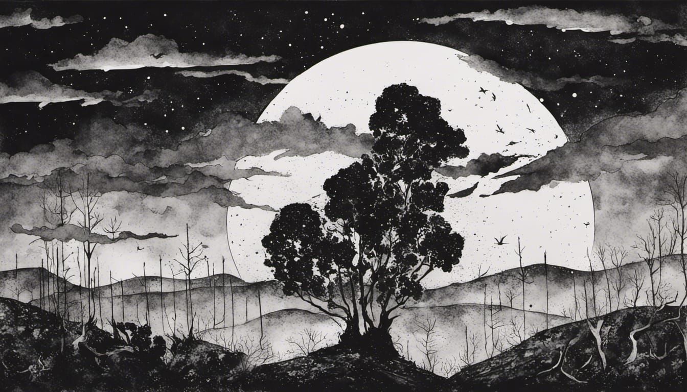 Ethereal Black and White Moonlit Night Scene