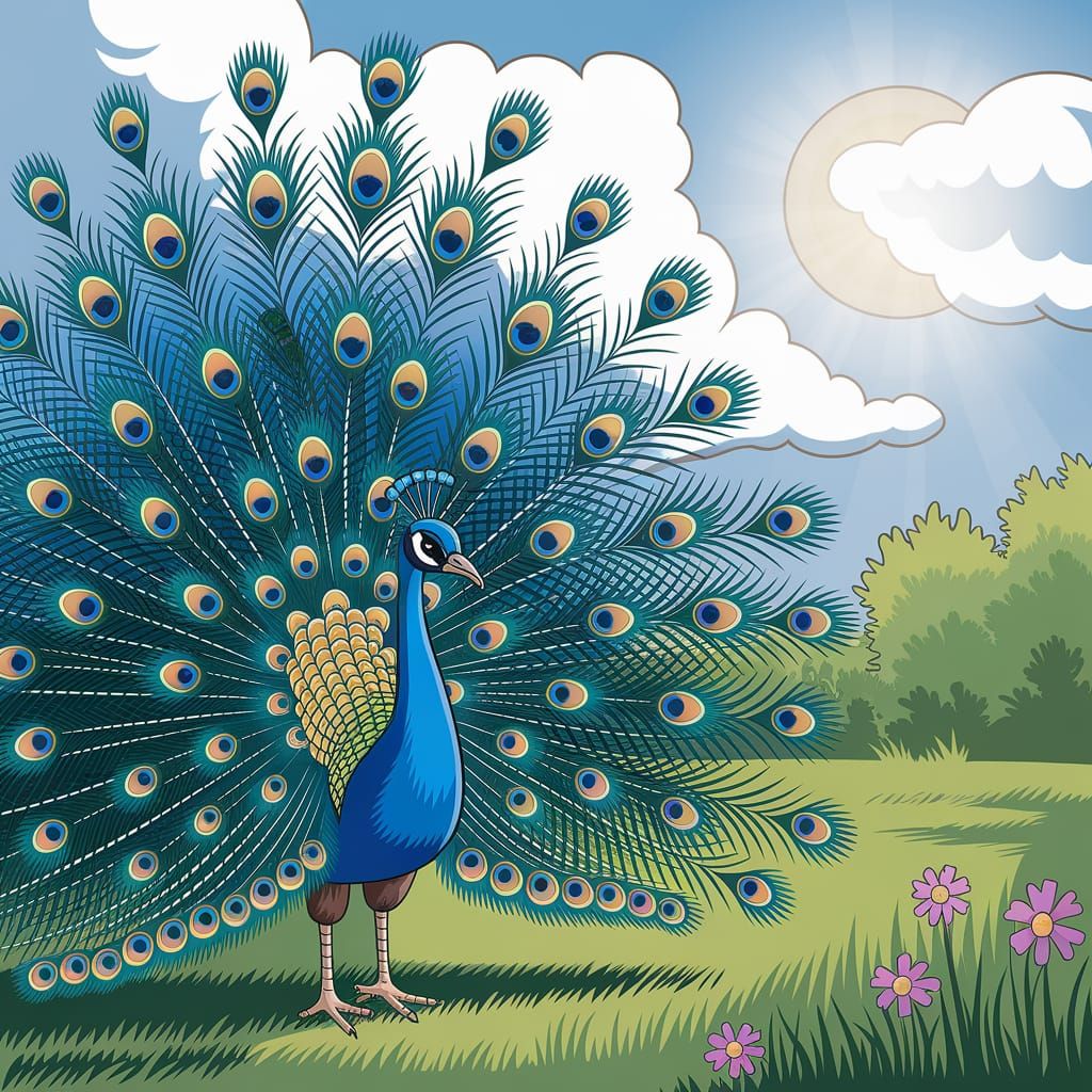 Vibrant Peacock in a Sunny Meadow, Crayon Anime Style