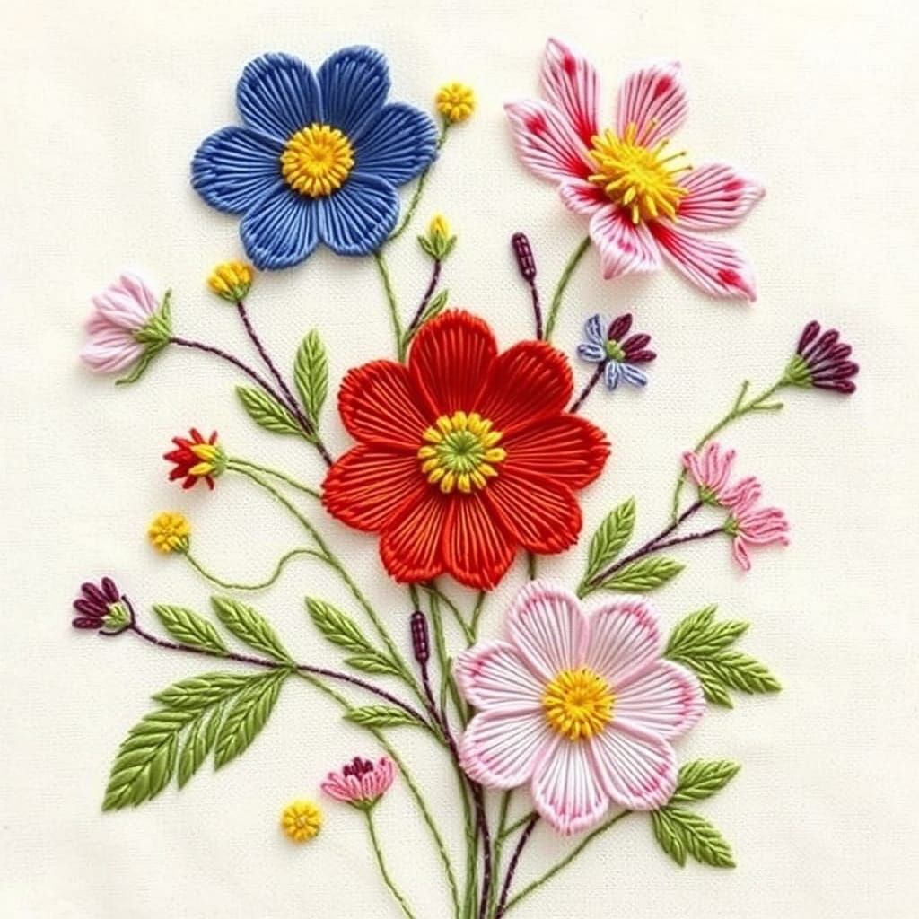 Whimsical Embroidery Blooms in Folk Art Style