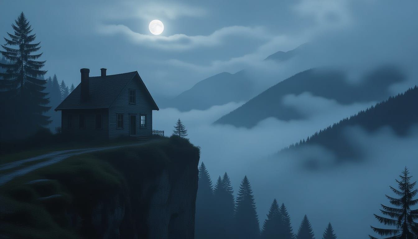 Eerie Foggy Mountain House at Moonlight