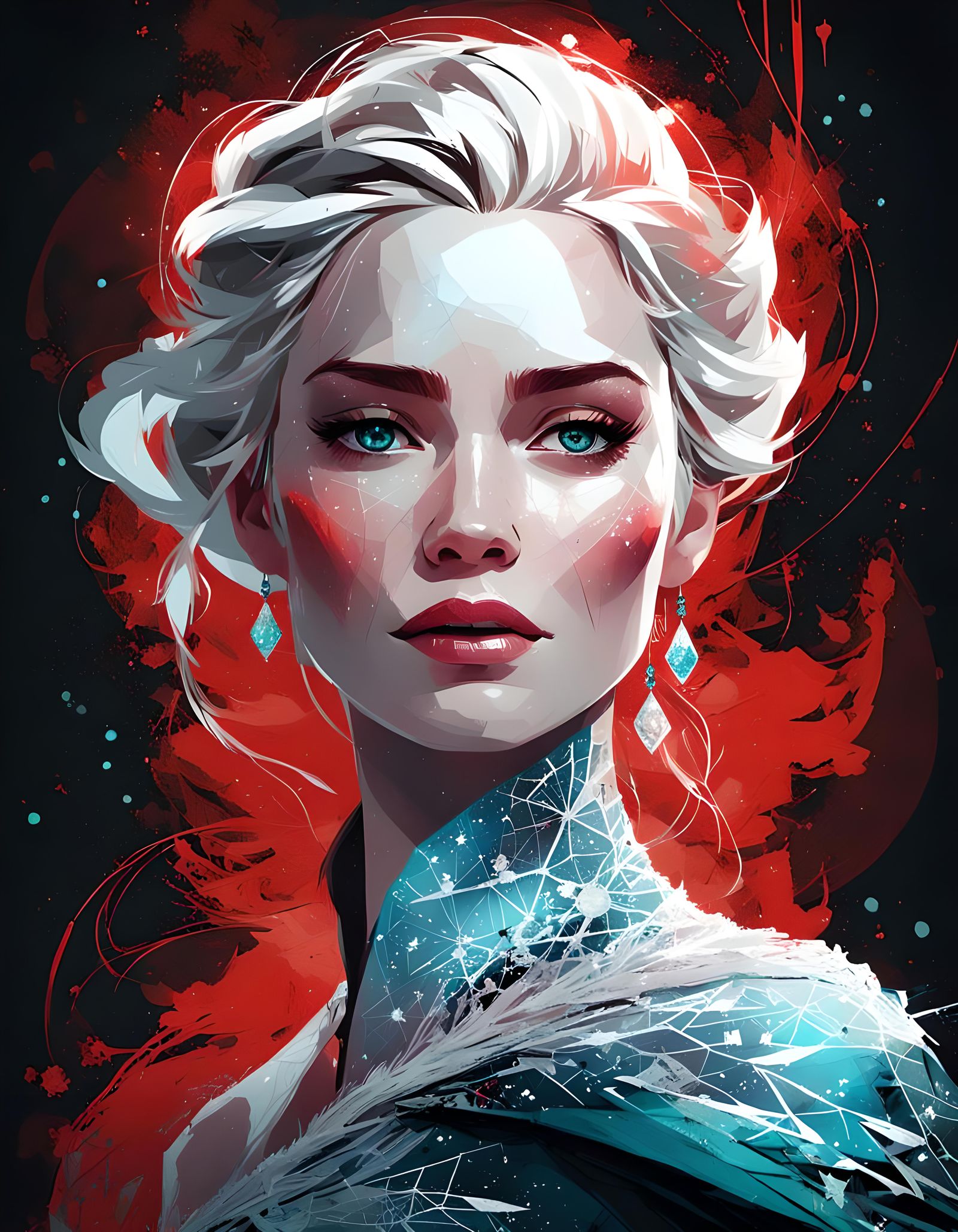 Elsa in Shimmering Digital Painting with Intricate Red Filig...