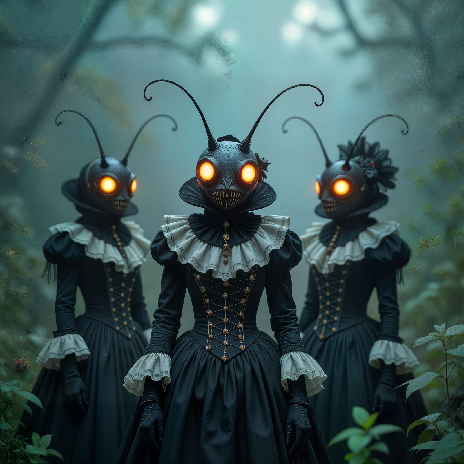 Milkweed Bugs with Human Heads in Gothic Style