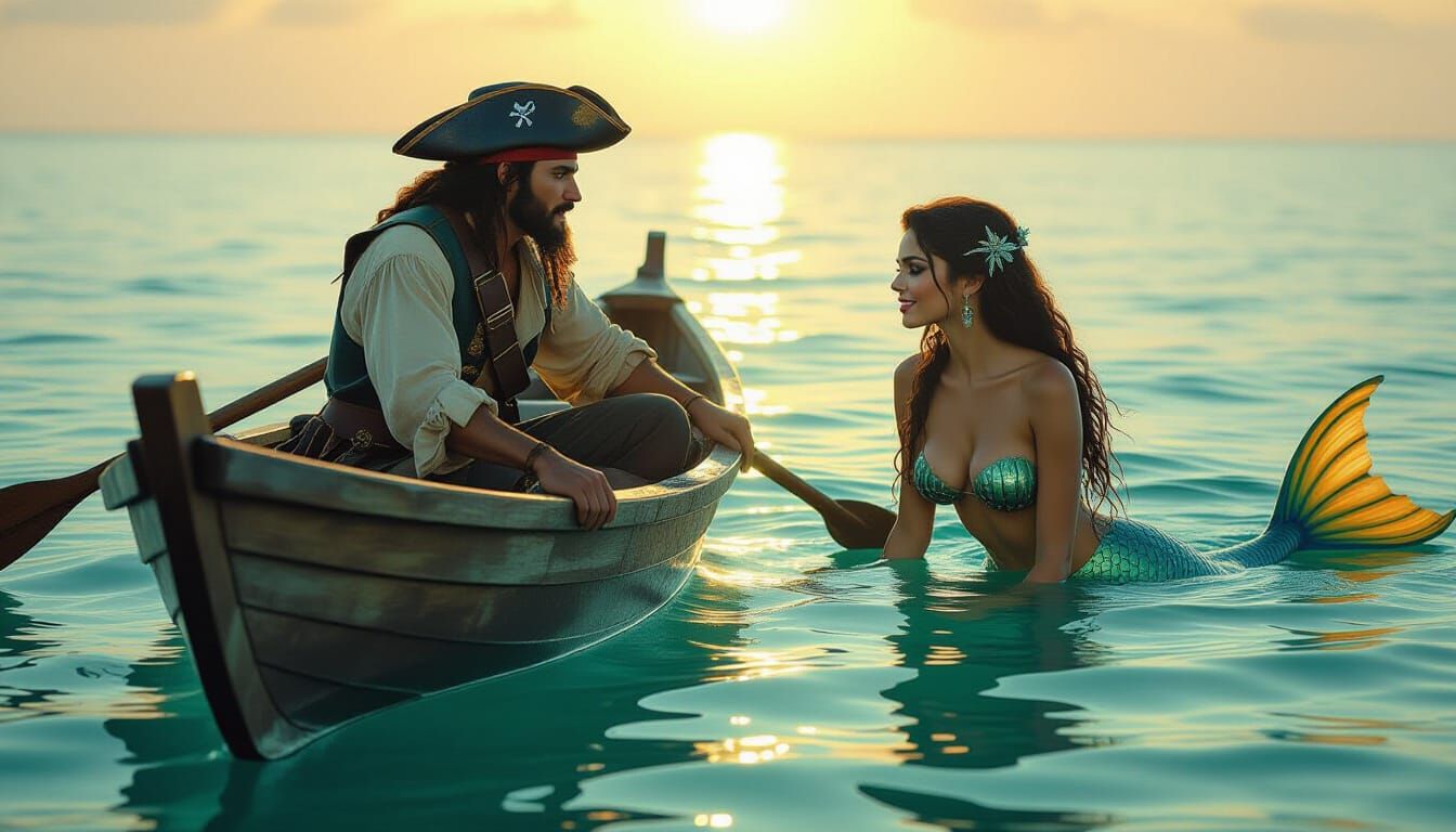 Pirate and Mermaid Chat at Sunset in Photorealistic Style