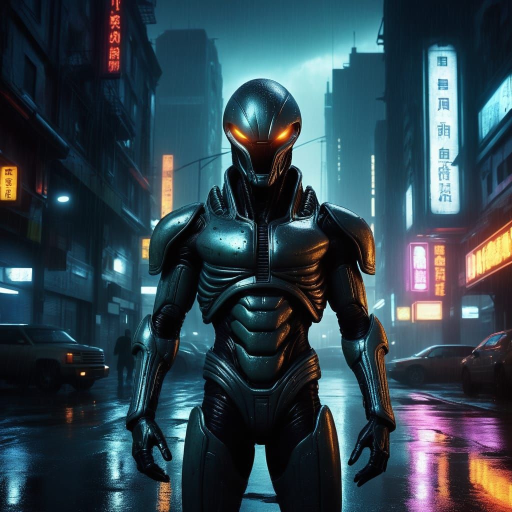 Cyberpunk Soldier Guards Dystopian City Streets