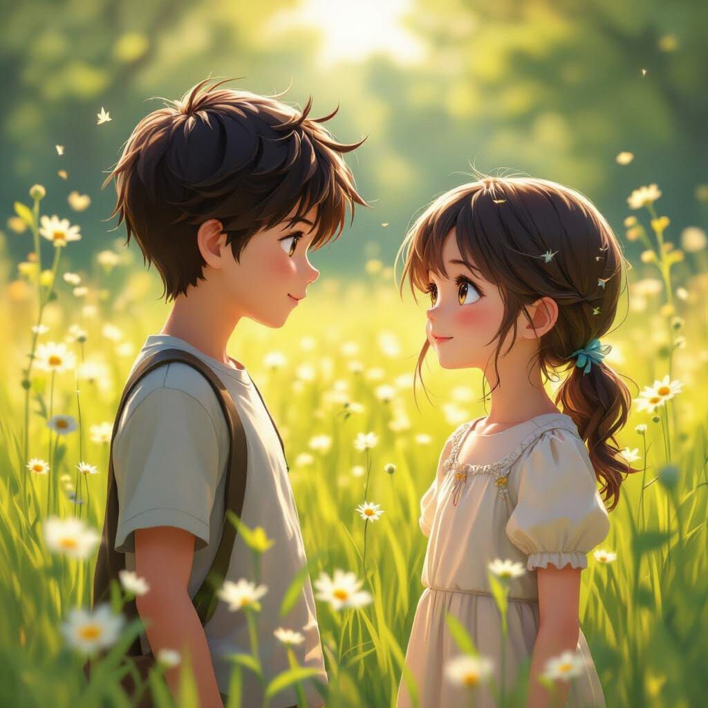Young Couple in Sunlit Meadow, Shyly Smiling