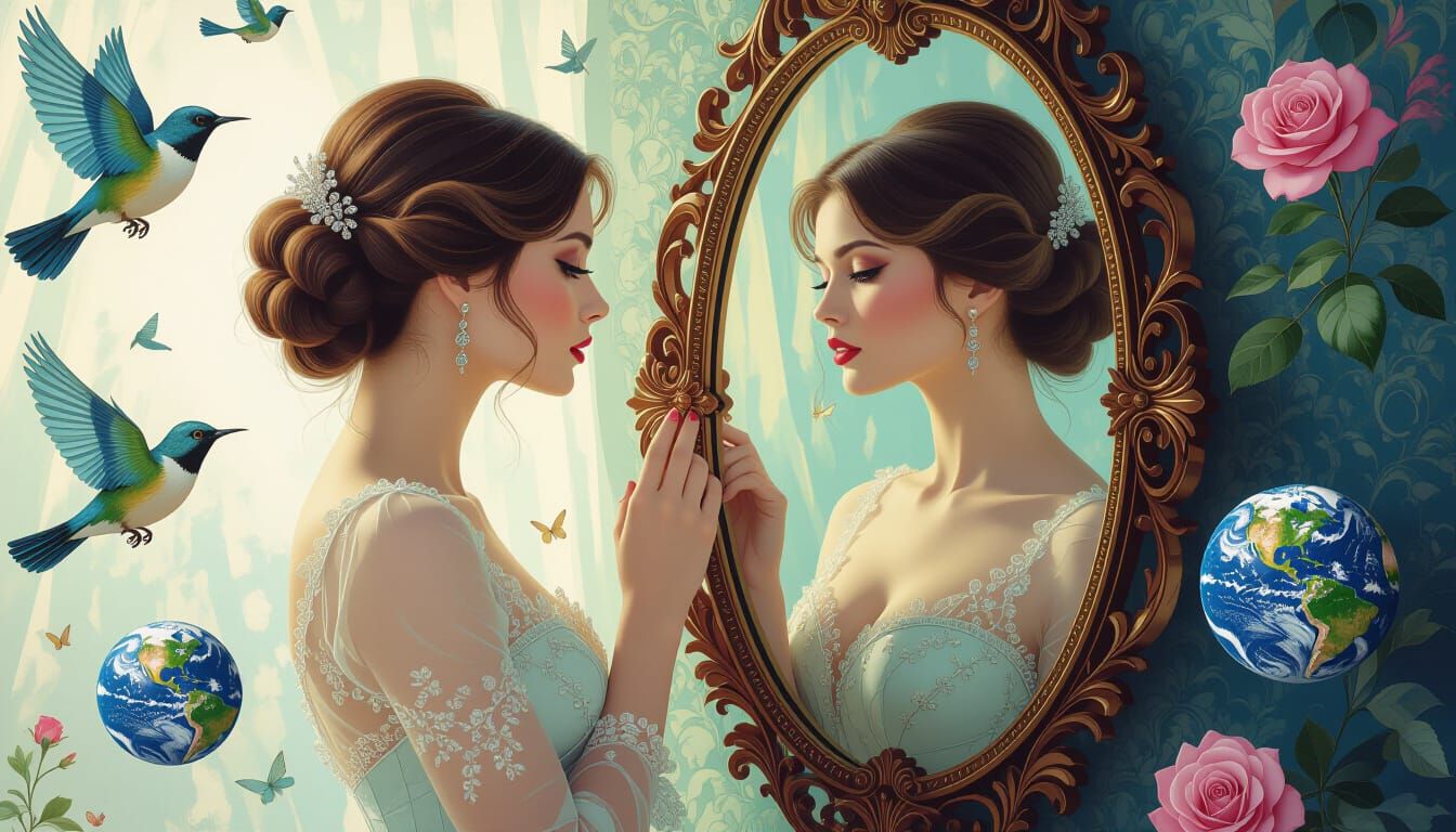 Dreamlike Reflection: Woman in Ornate Mirror