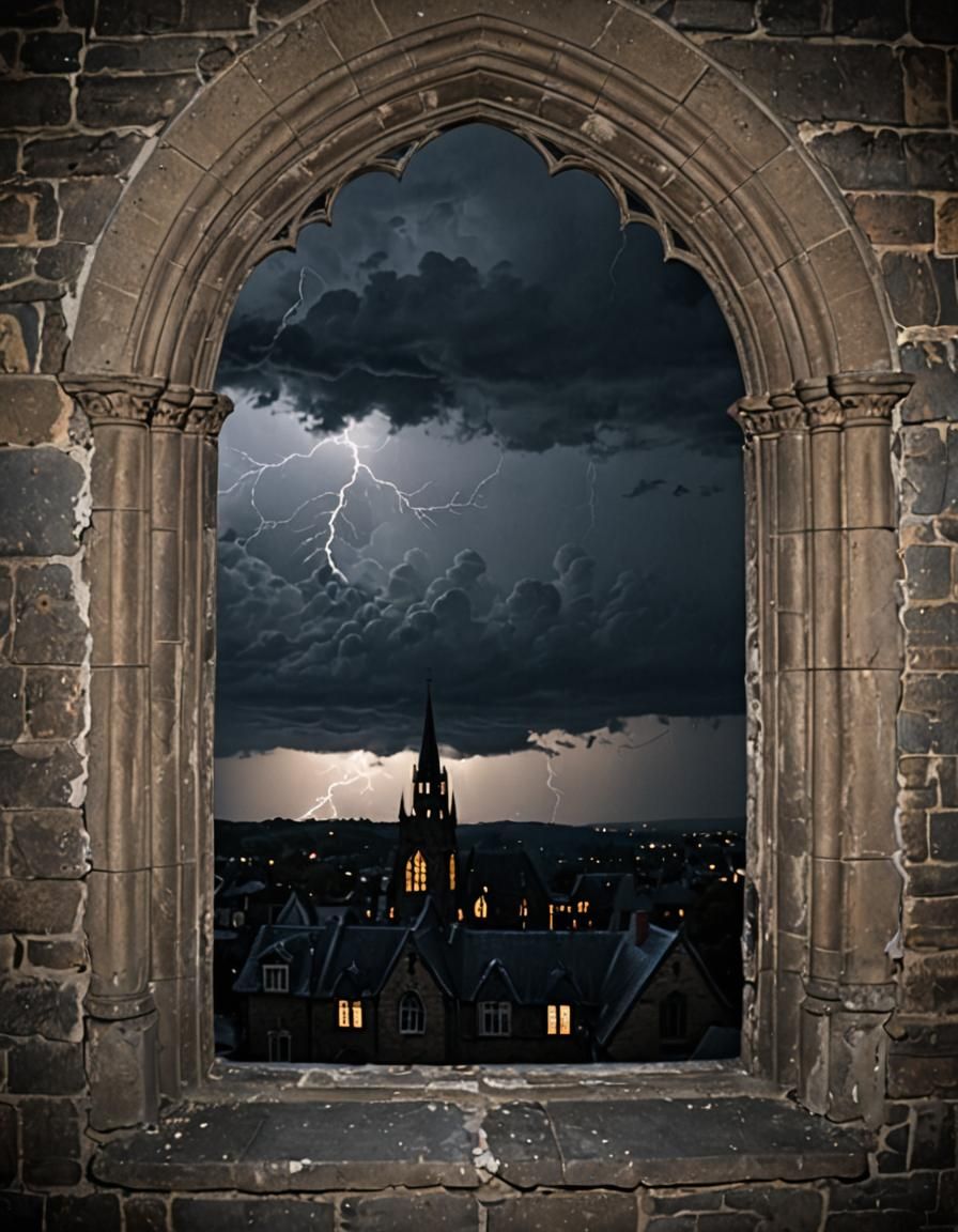 Gothic Stormy Night Scene Captured Through Broken Panes
