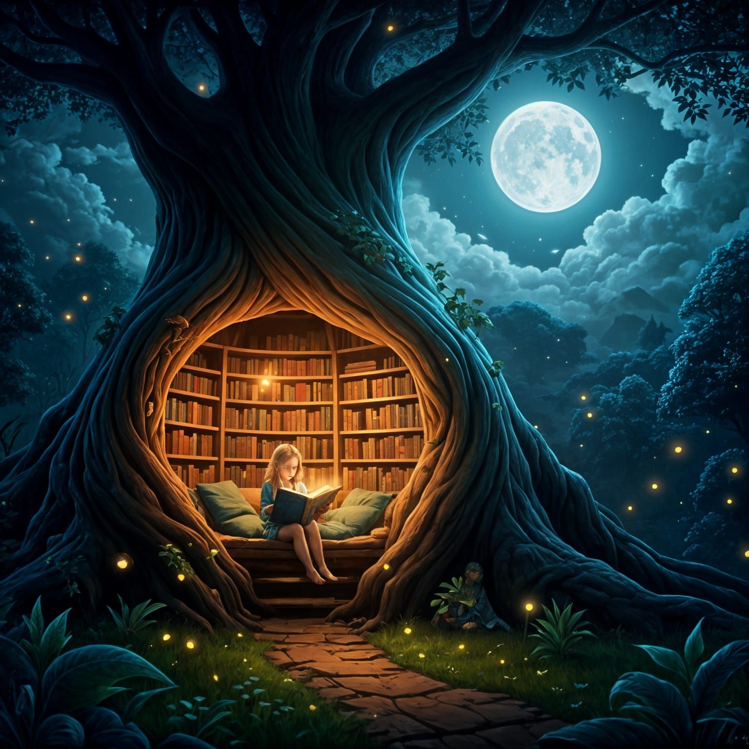 Enchanted Tree Library at Nighttime