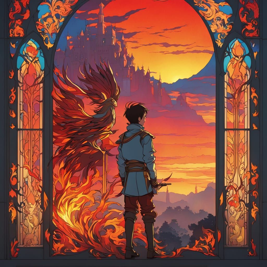 Medieval Boy Surrounded by Fiery Sunset and a Majestic Fireb...