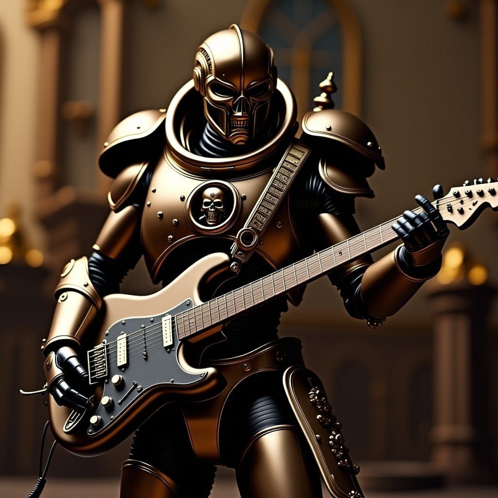 Cyborg Guitarist in a Portrait of Futuristic Metal Music