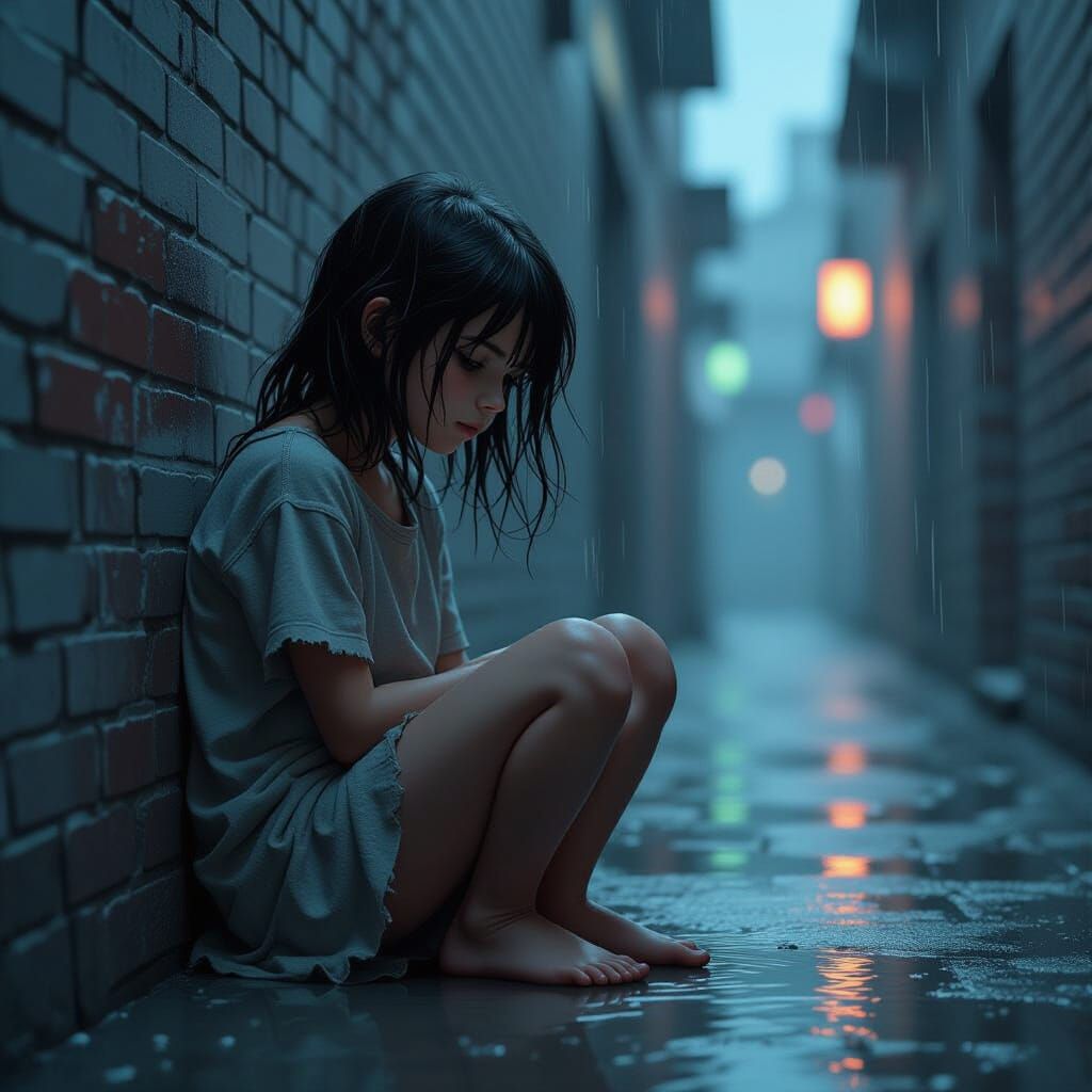 Somber Girl in Rainy Alleyway, Digital Art