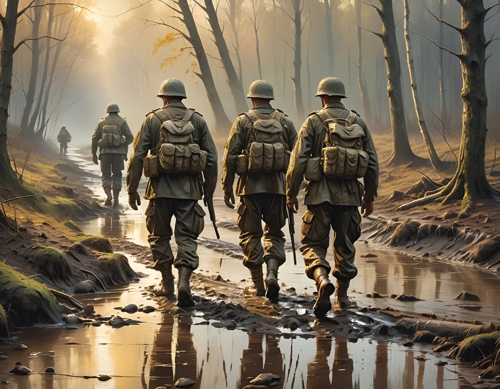 Soldiers March Through Muddy Woods Under Waterfall