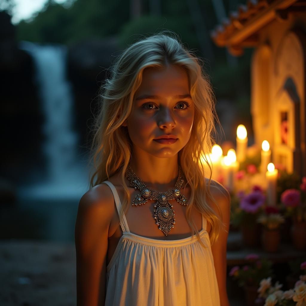 Beautiful Blond Girl Illuminated by Candlelight in a Flowing...