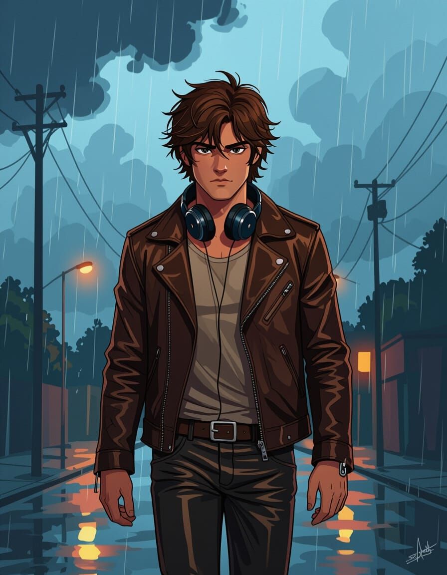 Rainy Street Scene in Stylized Cartoon Style