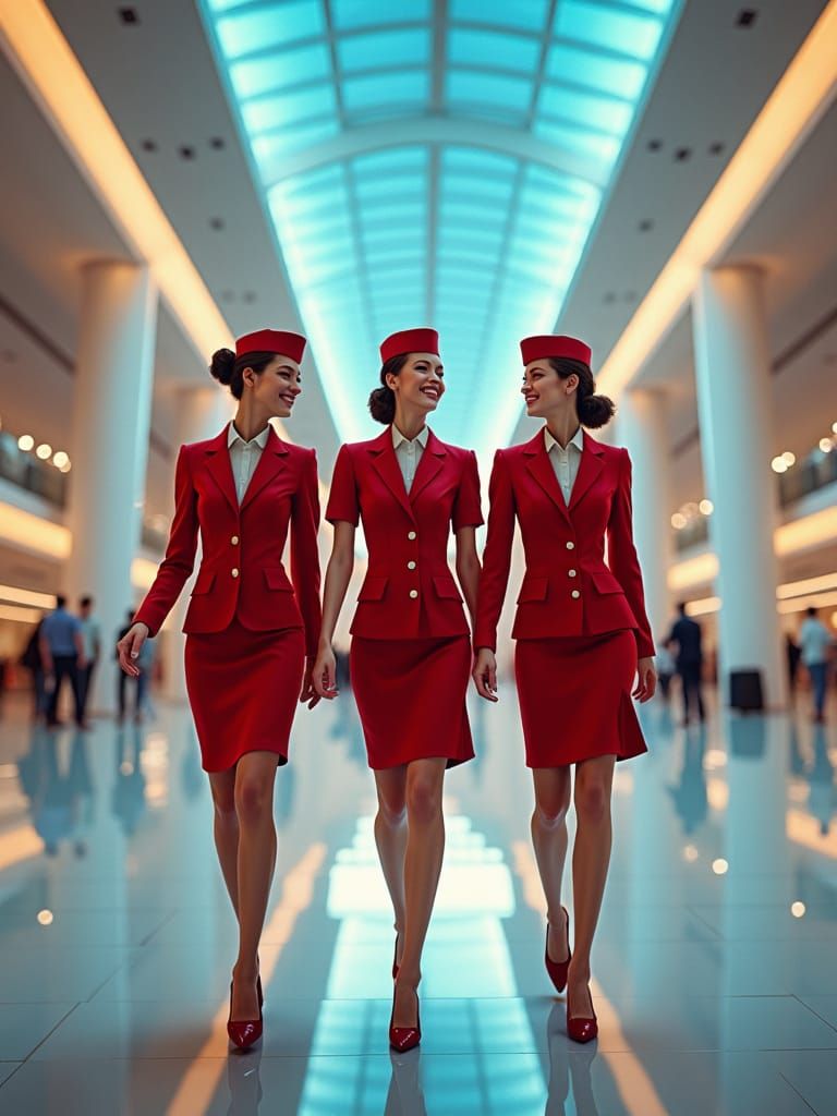 Confident Stewardesses Stride Through Luxurious Airport