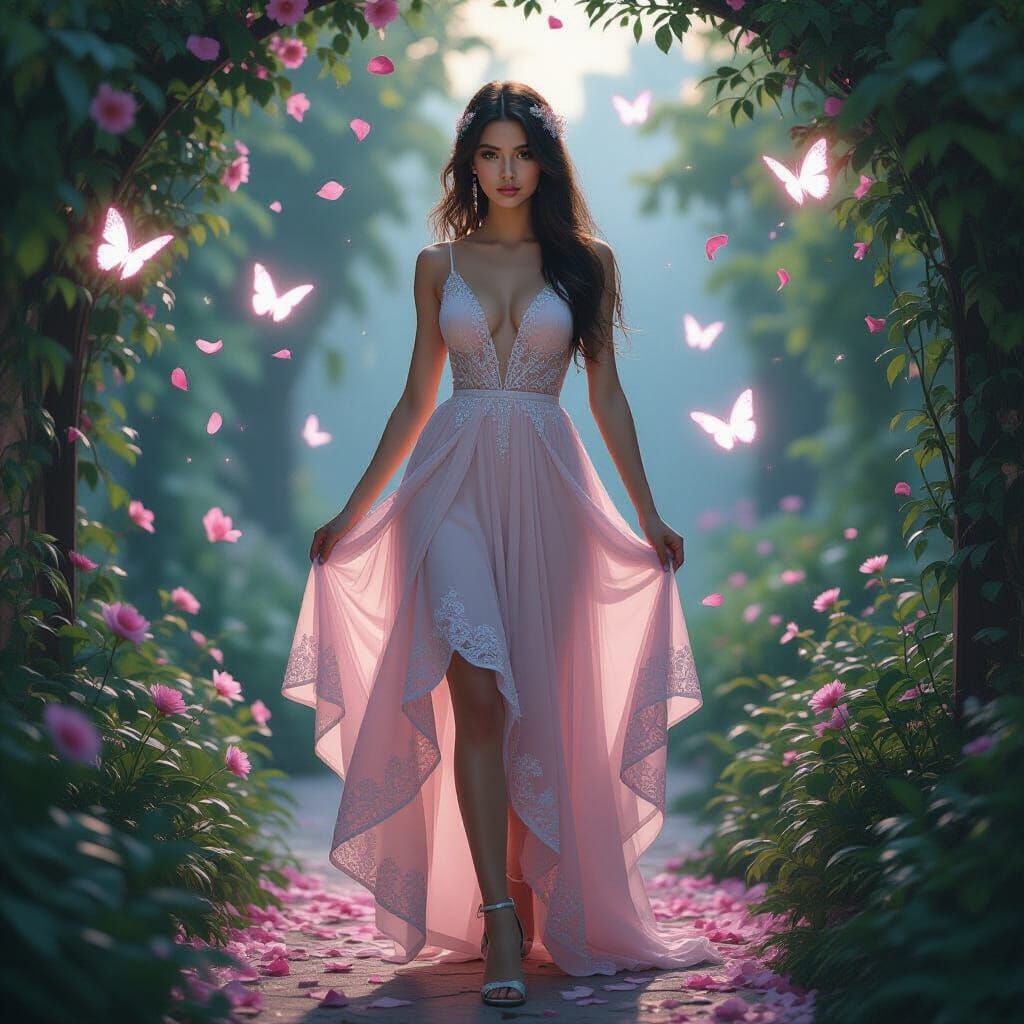 Twilight Garden: Woman in Pastel Dress, Hyperrealistic Style