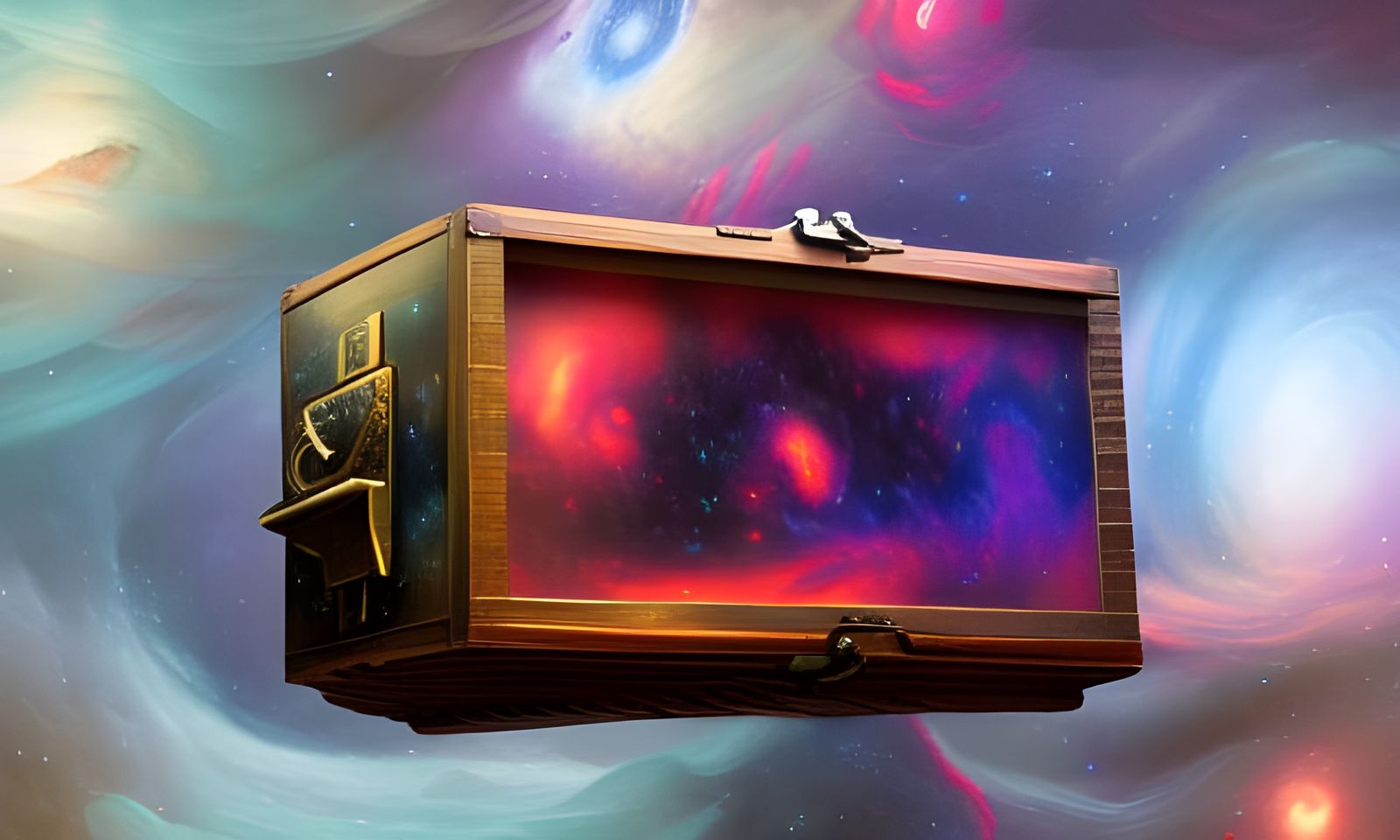 Surreal Space Nebula Inside Antique Wooden Box