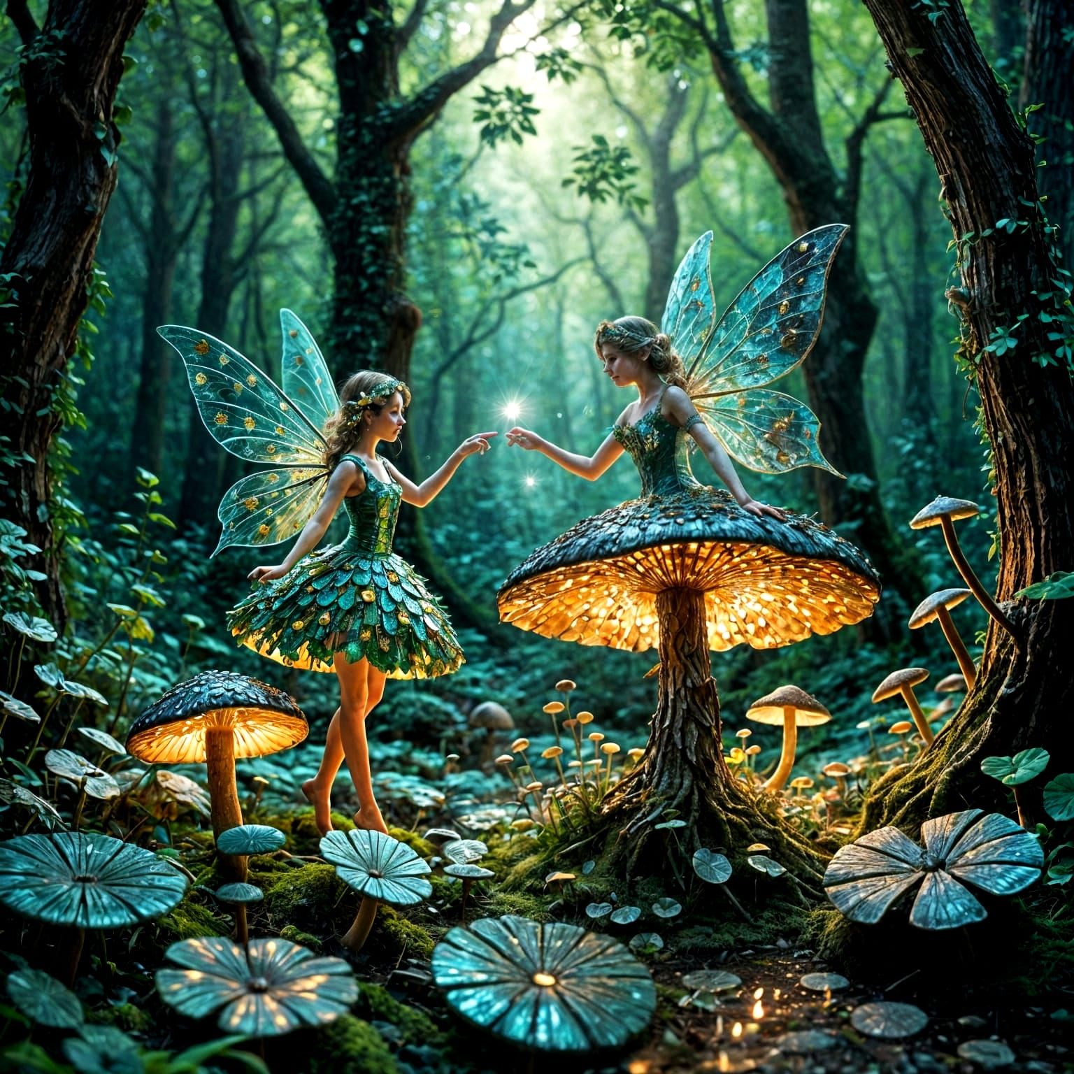 Whimsical Forest Fairies Dancing Amidst Mosaic Stones