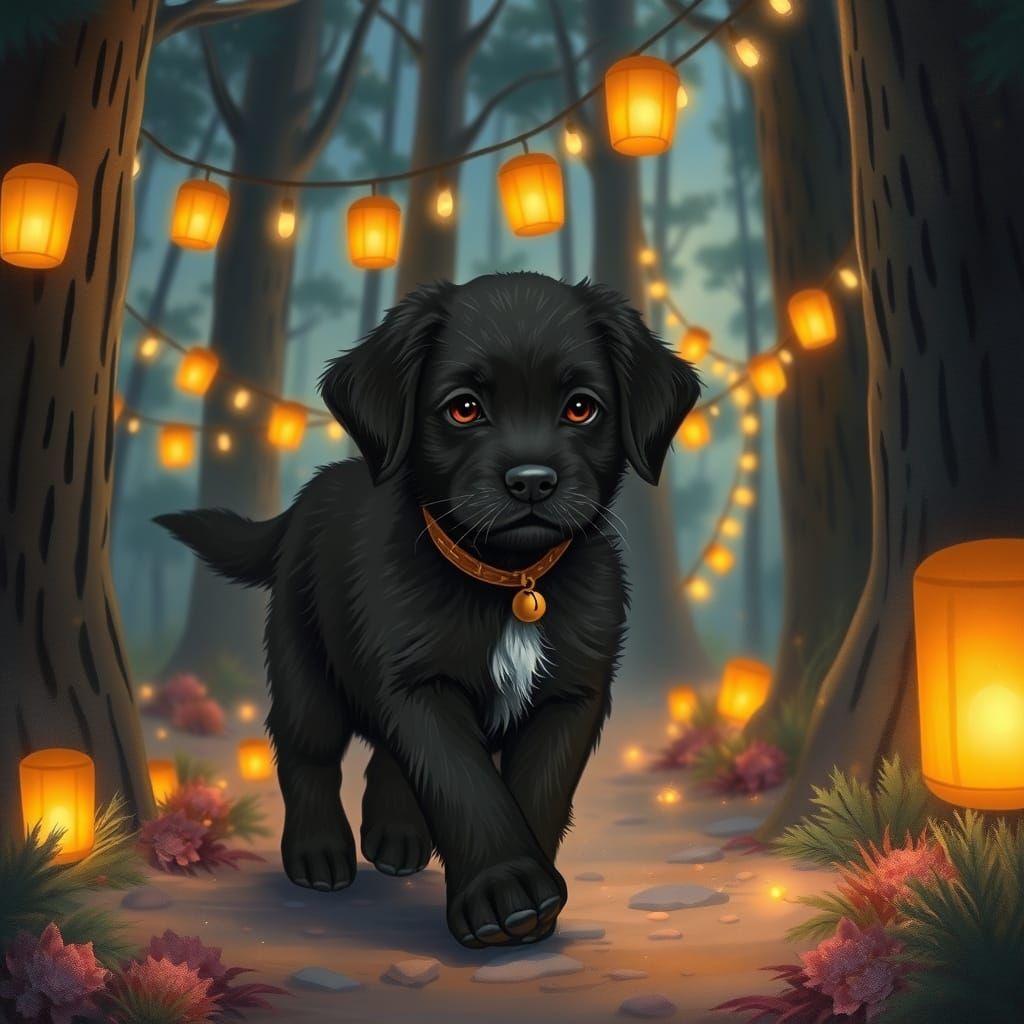 Black Golden Retriever Puppy in Magical Forest