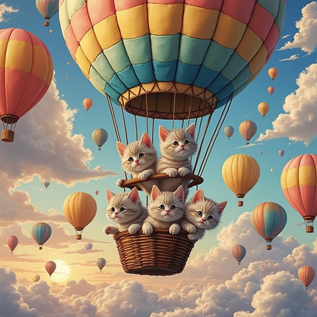 Whimsical Hot Air Balloon Adventure with Colorful Kittens
