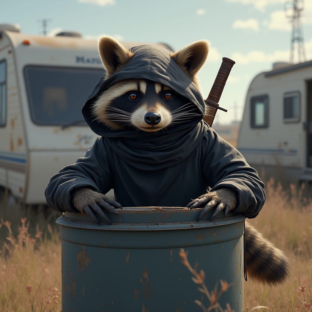 Ninja Raccoon Peeks Out in Digital Art Style