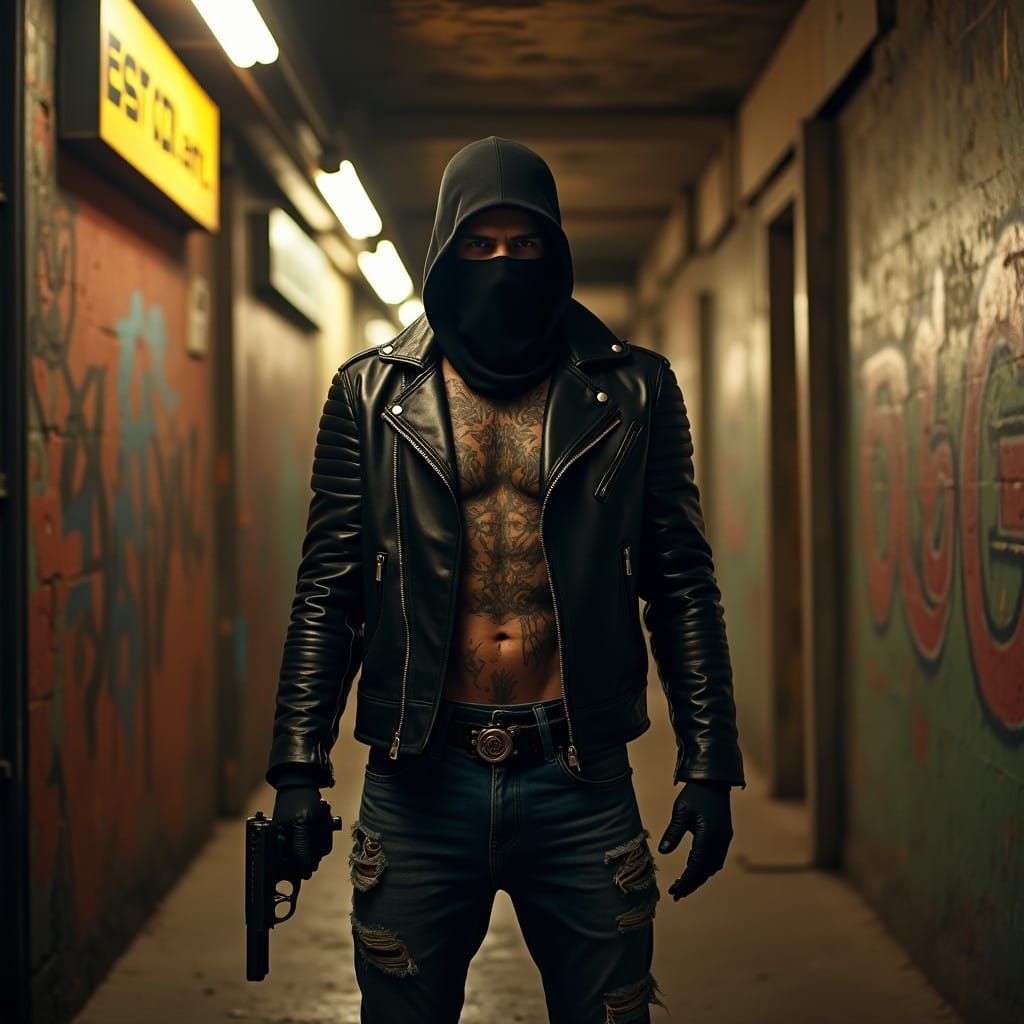 Gritty Urban Hitman in Tactical Pose