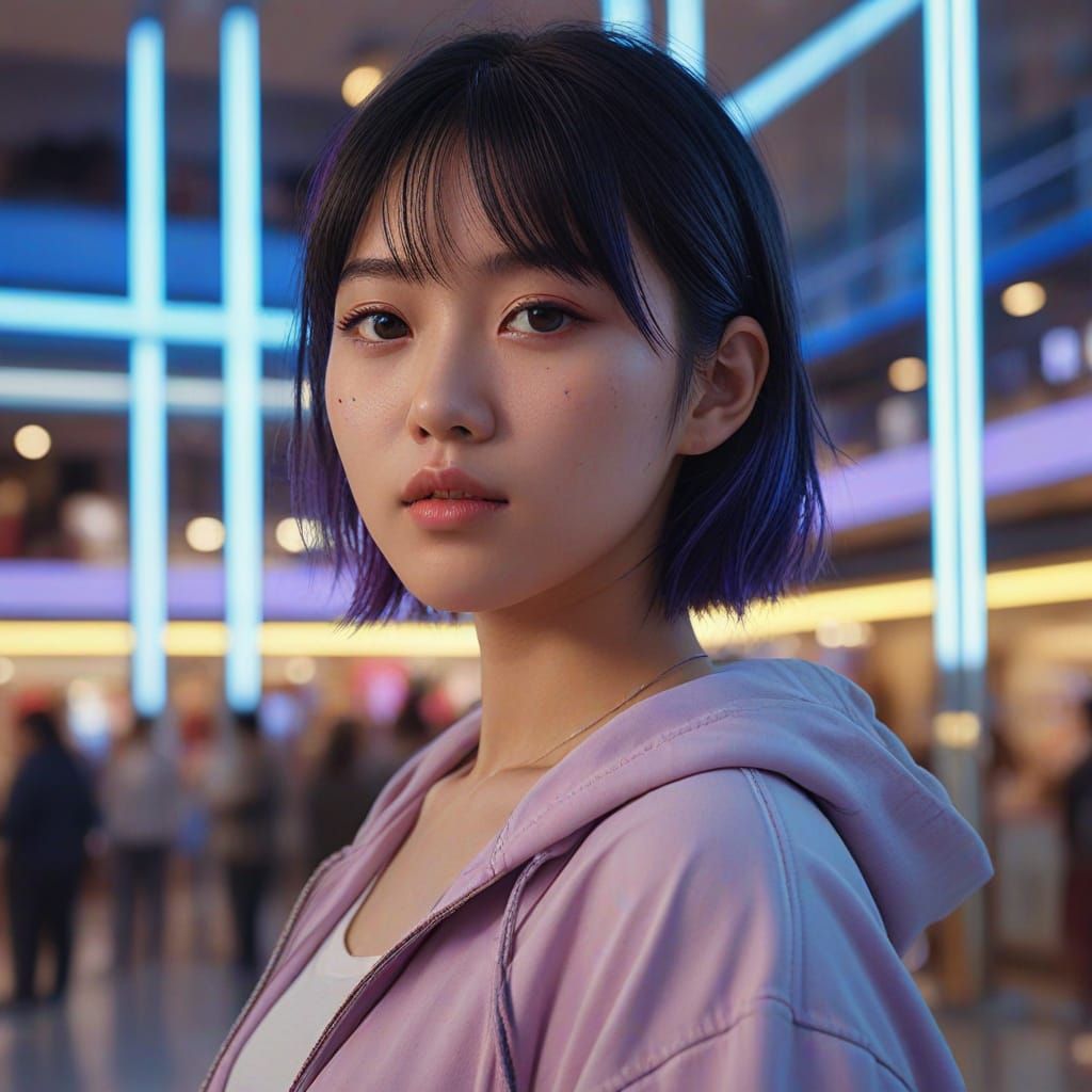 Japanese Girl Poses in Neon Lit Shopping Mall