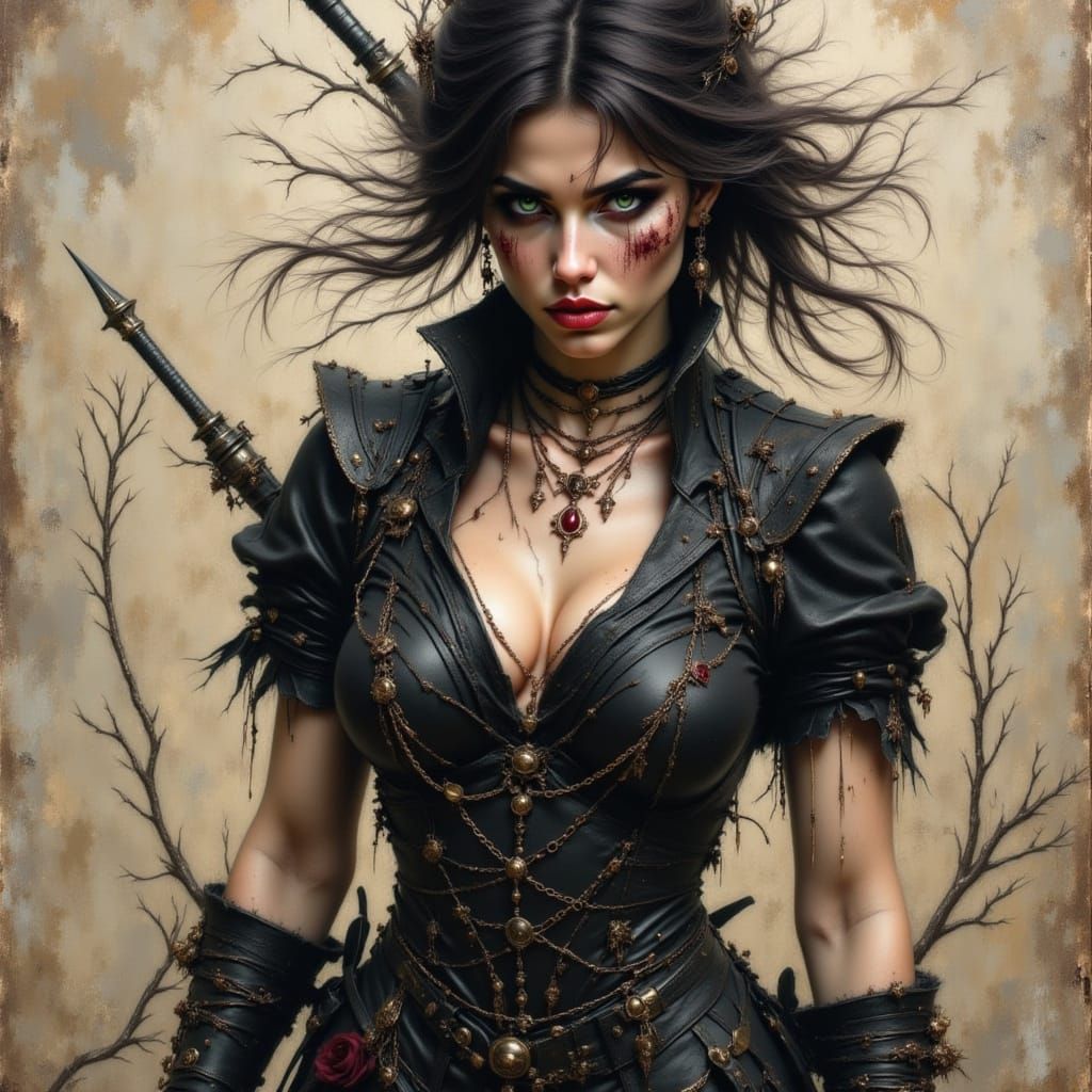 Dark Fantasy Oil Painting of a Magnetic Woman in Combat