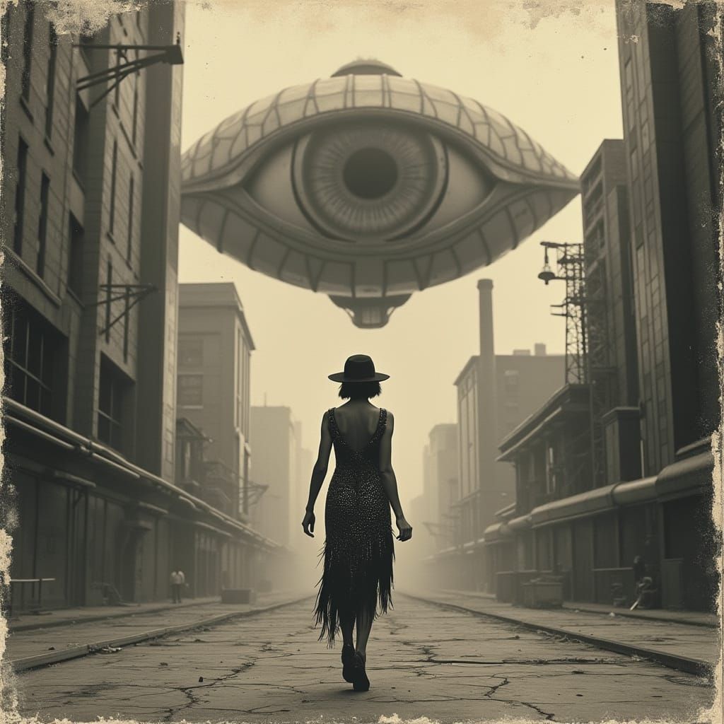 Retro-Futuristic Flapper Girl in Dystopian Art Deco Cityscap...