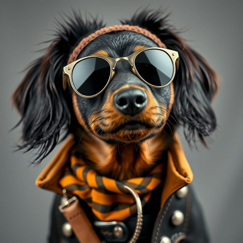 Punk Dachshund Dog Dressed in Rocker Style