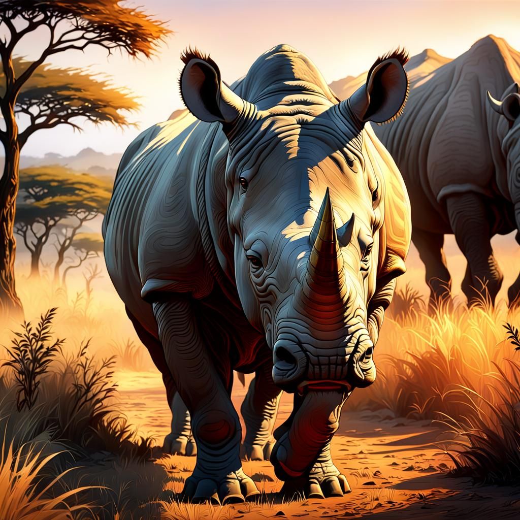 Serene African Sunset Rhino in Warm Golden Light
