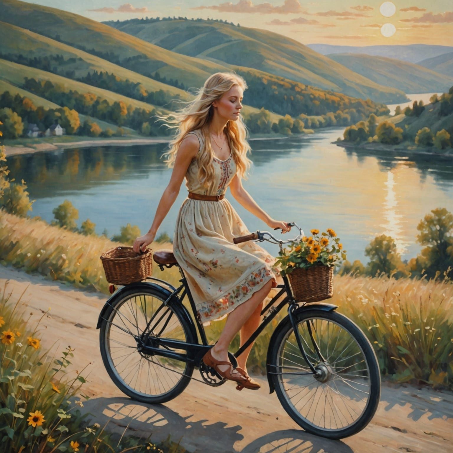 Blonde Boho Beauty Rides a Vintage Bicycle Along the River