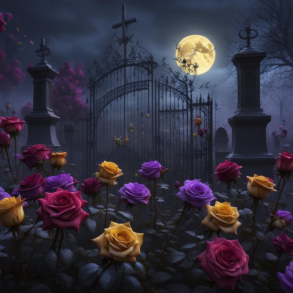 Dark Fantasy Masterpiece: Moonlit Graveyard Amidst Multi Col...