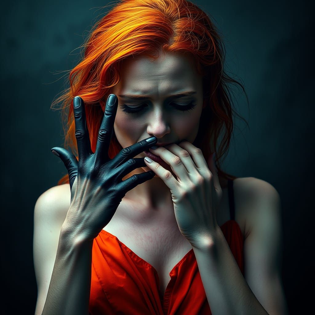 Distressed Woman with Mismatched Hands in Dark Style