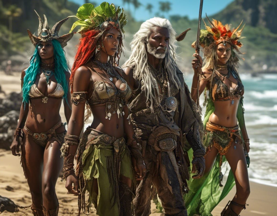 Elven, Orcish, and Drow Girls in Bikinis, Sunbathing on a Fa...