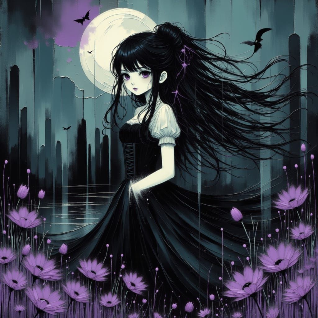 Mysterious Gothic Anime Woman in Ruined Castle