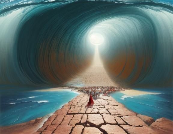 Moses holding up his staff and parting the red sea, walls made of water on each side of parched dry land. A Huge crowd o...