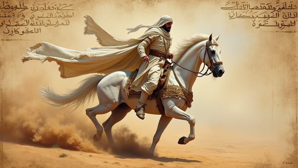Mystical Arabian Knight Gallops into Ancient Desert Sunset