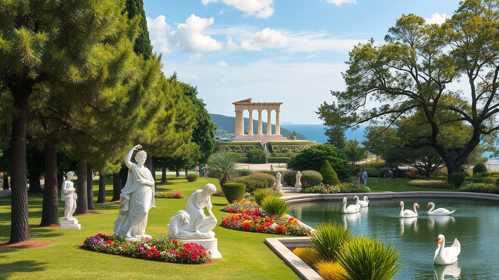 Serene Seaside Park with Classical Inspiration