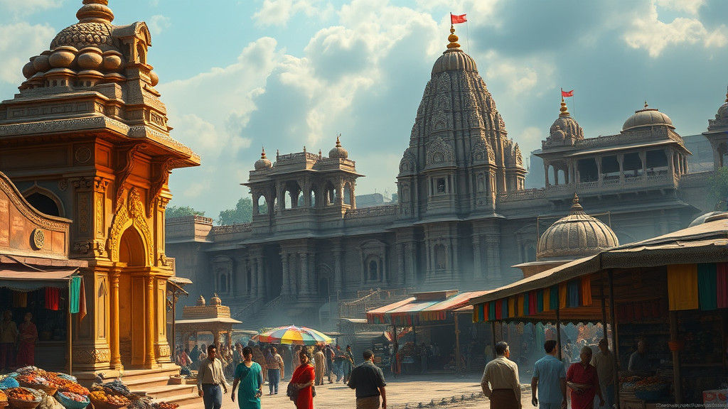 Vibrant Indian Temple Set Against Historic Fort and Bustling...