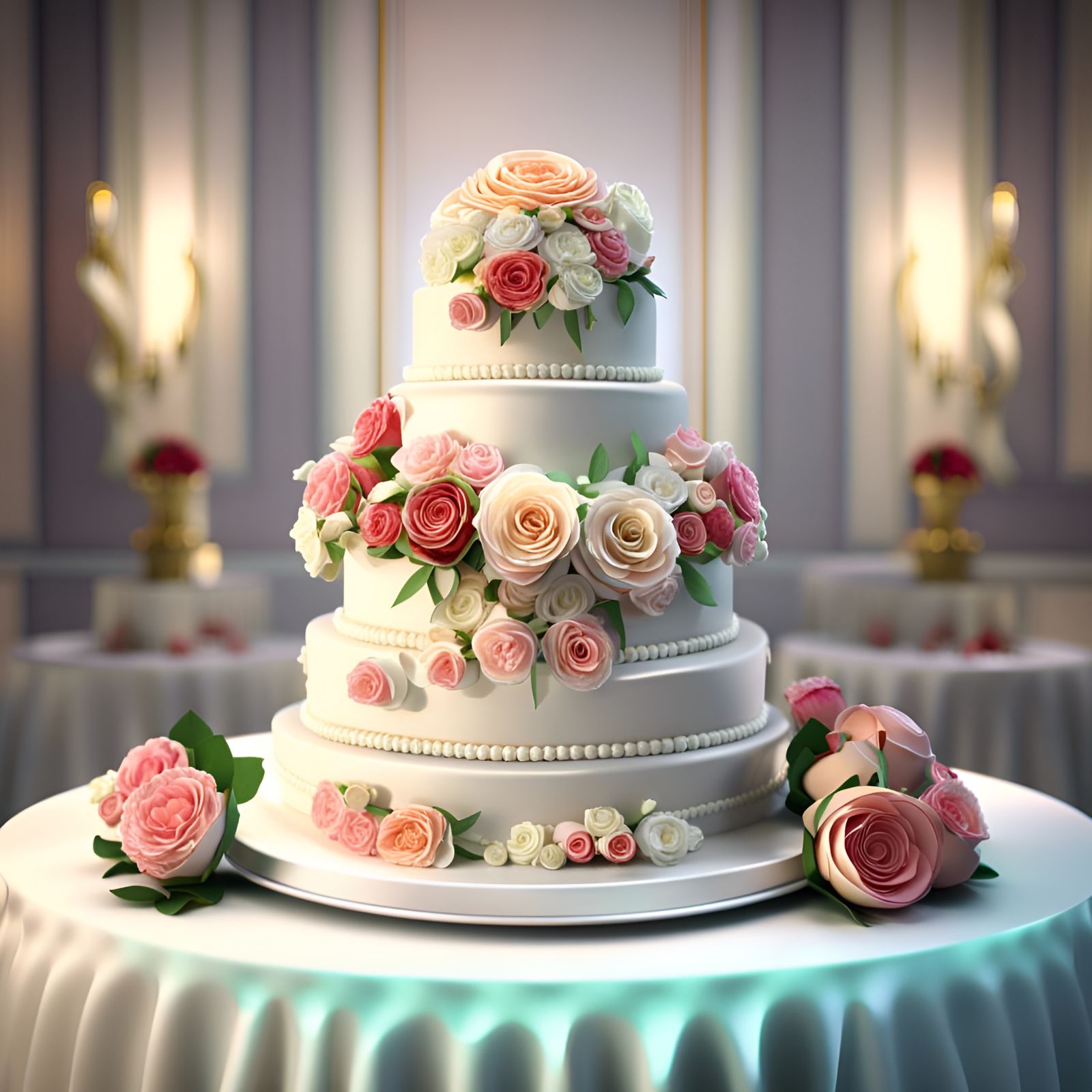 Luxurious 8K Hyperrealistic Wedding Cake in Reception Hall
