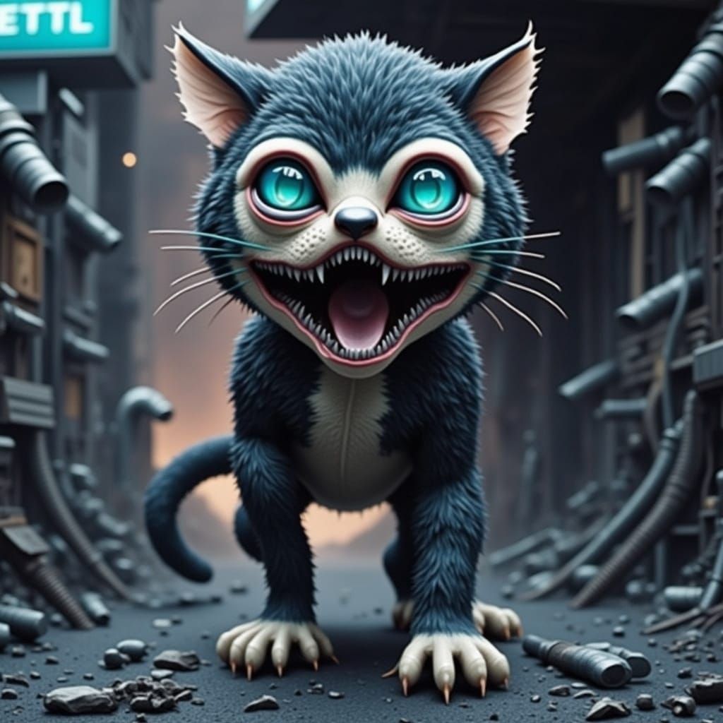 Surreal Kitten-Cyborg Emerge from Human Faces